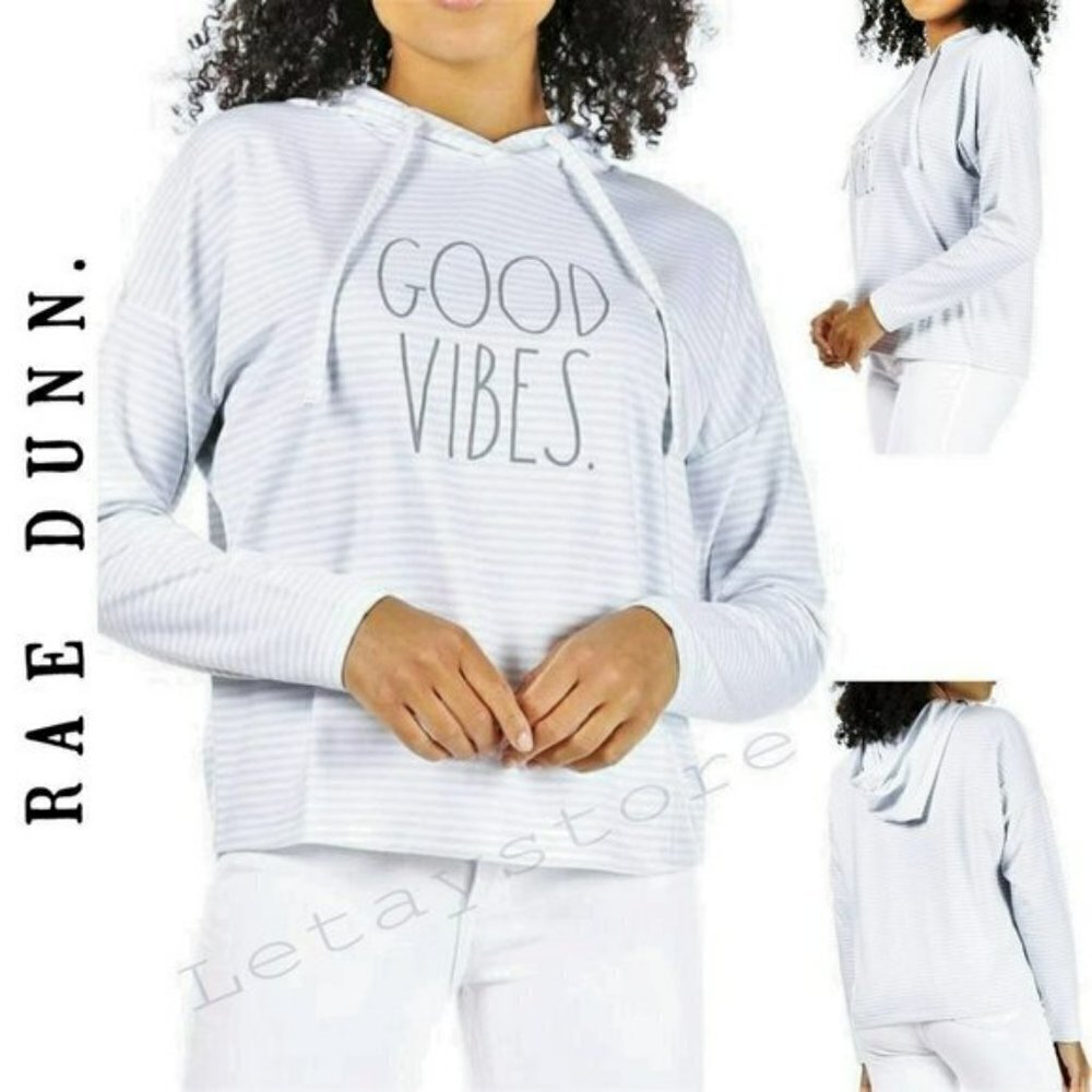 NWT Rae Dunn "Good Vibes" Striped Ultra Soft  Hoodie Sweatshirt Top